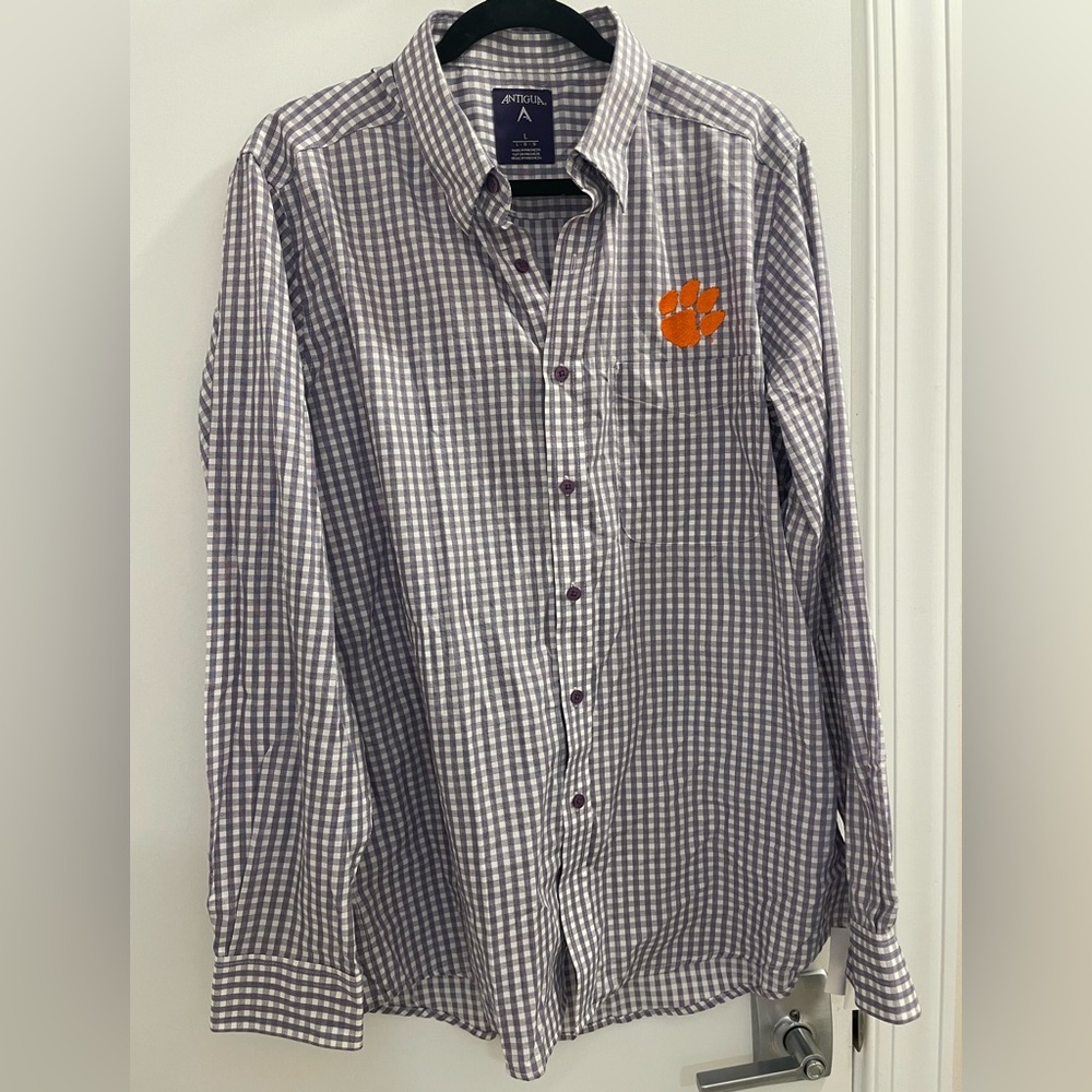 Antigua Purple and White Checkered Men's Clemson Shirt